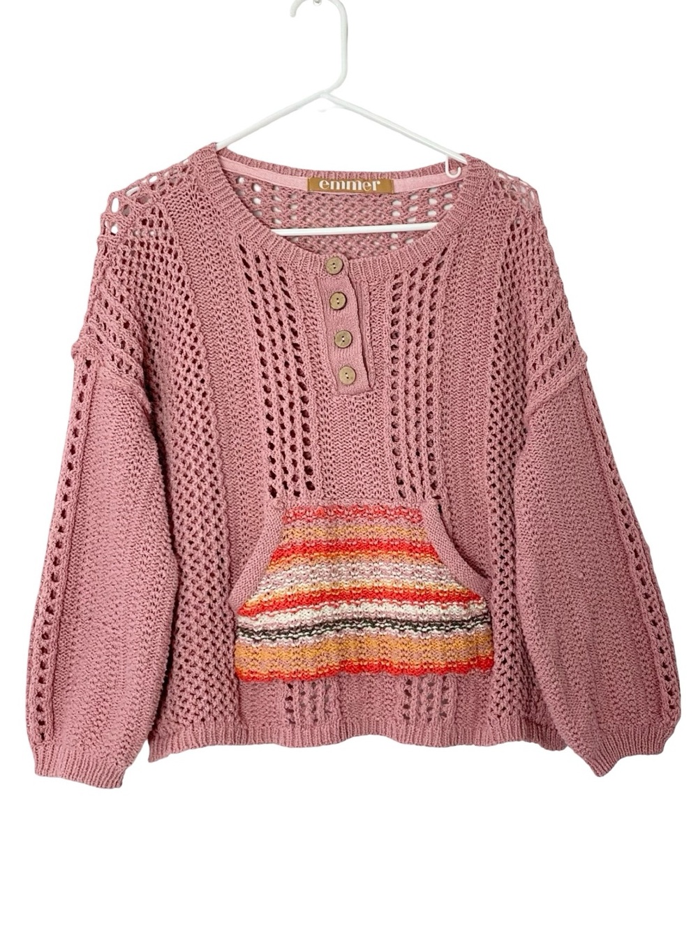 Emmer & Oats Henley Sweater Womens Size Medium Rose Pink Blush Kangaroo Pocket